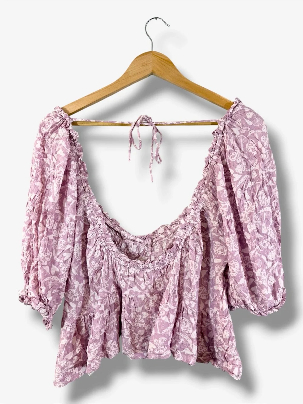 Intimately Free People Spring Soirée Pajama Top XL Purple Puff Sleeve Tie Back